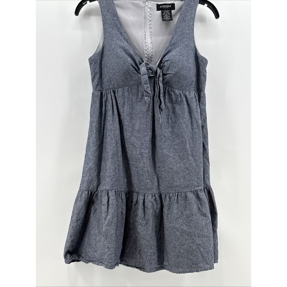 Alyn Paige New York Blue Denim Empire Bow Babydoll‎ Ruffle Tier Dress 3/4